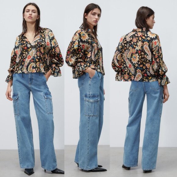 NEW Zara Multicolored Paisley Print High Collar Bow Ruffle Long Sleeves Blouse L - Picture 10 of 10
